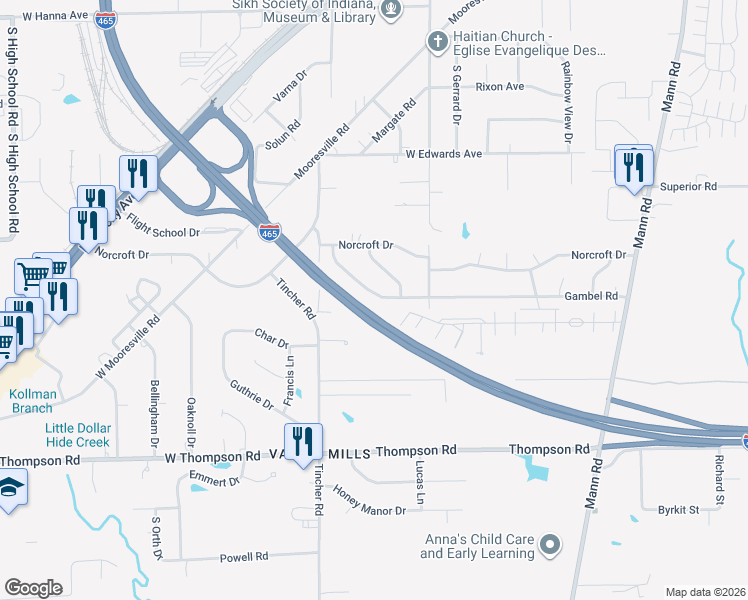 map of restaurants, bars, coffee shops, grocery stores, and more near 5349 Gambel Road in Indianapolis