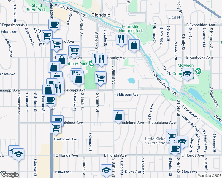map of restaurants, bars, coffee shops, grocery stores, and more near 4747 East Mississippi Avenue in Denver