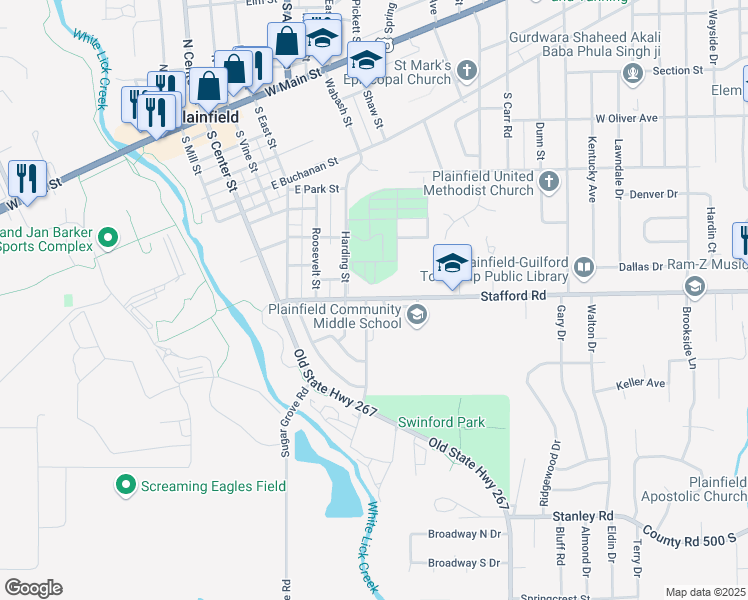 map of restaurants, bars, coffee shops, grocery stores, and more near 709 Stafford Road in Plainfield
