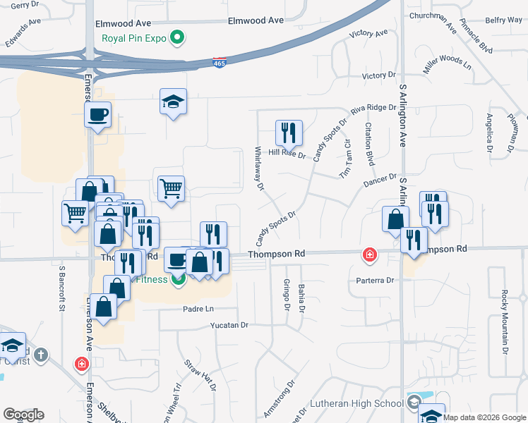 map of restaurants, bars, coffee shops, grocery stores, and more near 5513 Whirlaway Circle in Indianapolis