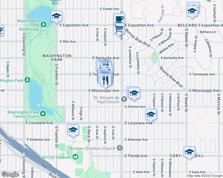 map of restaurants, bars, coffee shops, grocery stores, and more near 1093 South York Street in Denver