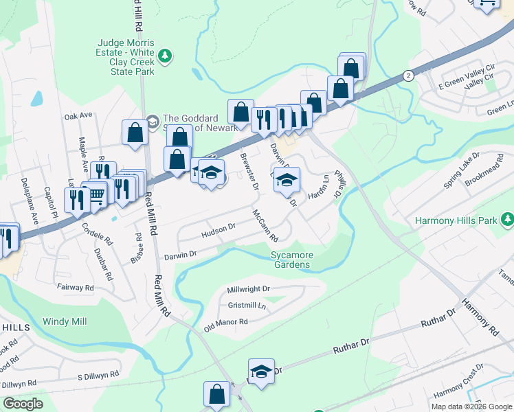 map of restaurants, bars, coffee shops, grocery stores, and more near 1 Doe Lane in Newark