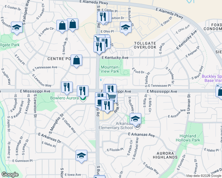 map of restaurants, bars, coffee shops, grocery stores, and more near 961 South Pitkin Court in Aurora