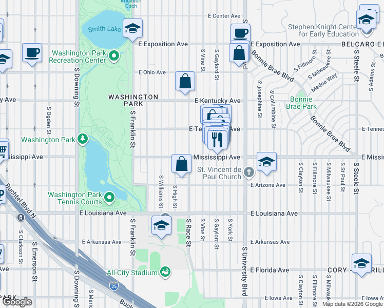 map of restaurants, bars, coffee shops, grocery stores, and more near 1046 South Race Street in Denver