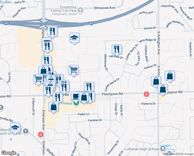 map of restaurants, bars, coffee shops, grocery stores, and more near 5456 Kim Way in Indianapolis