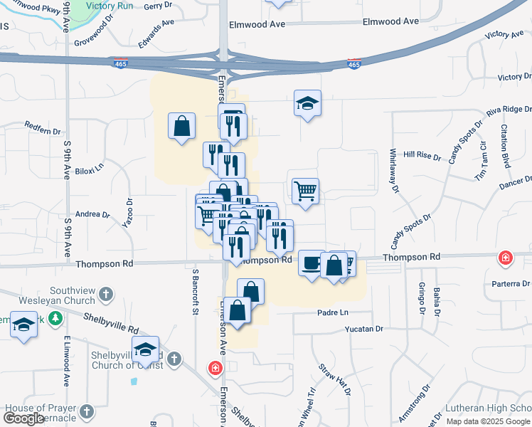 map of restaurants, bars, coffee shops, grocery stores, and more near 4805 S Emerson Ave in Indianapolis
