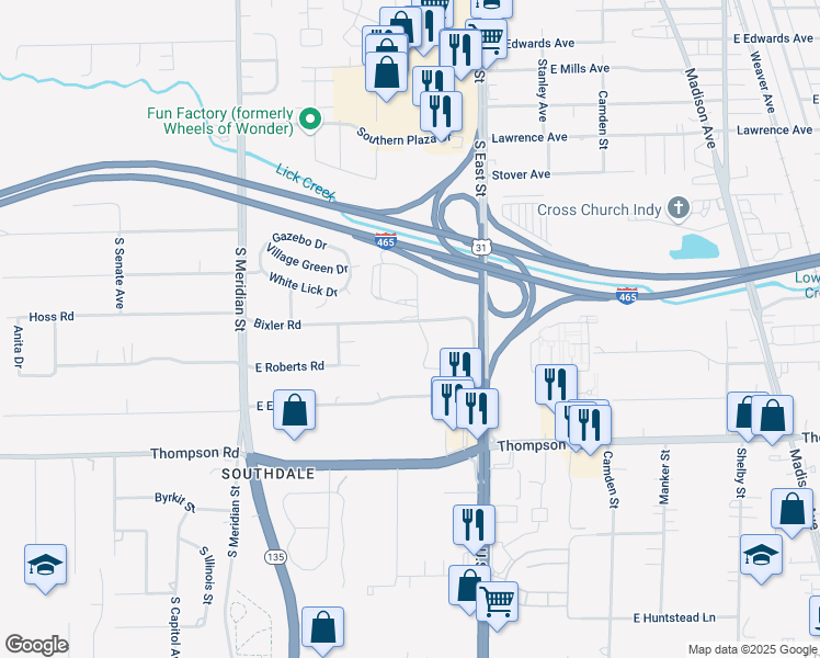 map of restaurants, bars, coffee shops, grocery stores, and more near 400 Bixler Rd in Indianapolis
