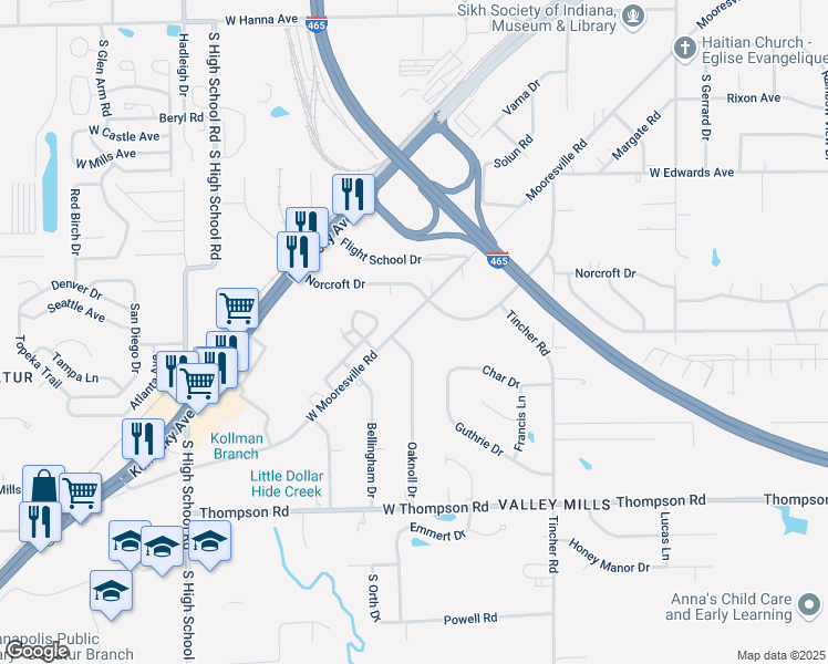 map of restaurants, bars, coffee shops, grocery stores, and more near 5732 West Mooresville Road in Indianapolis