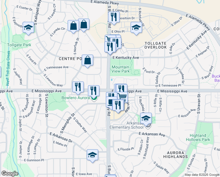 map of restaurants, bars, coffee shops, grocery stores, and more near South Pitkin Way in Aurora