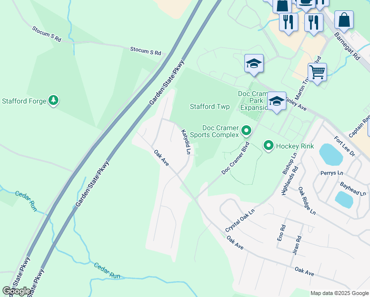 map of restaurants, bars, coffee shops, grocery stores, and more near 27 Katydid Lane in Stafford Township