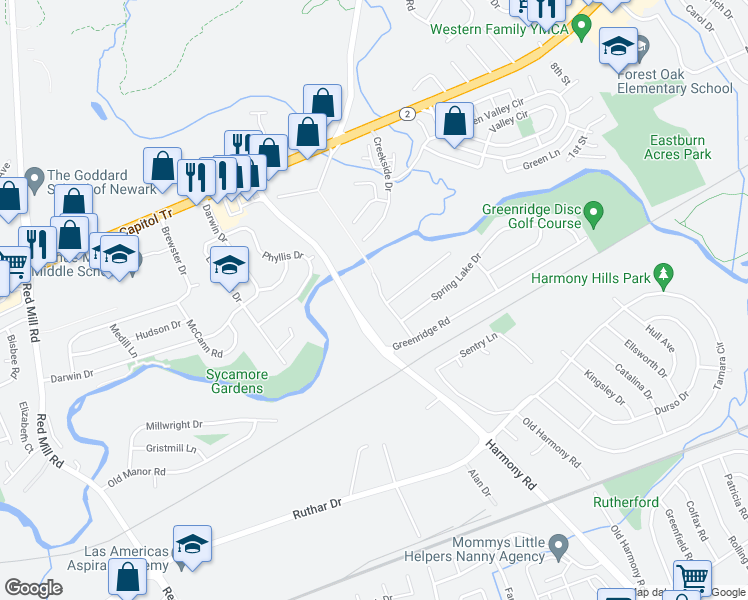 map of restaurants, bars, coffee shops, grocery stores, and more near 318 Old Harmony Road in Newark