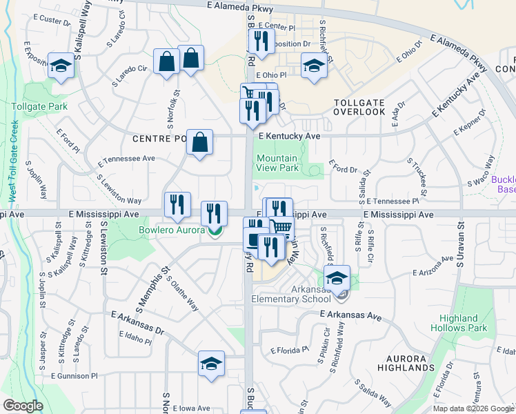 map of restaurants, bars, coffee shops, grocery stores, and more near 17003 East Tennessee Drive in Aurora