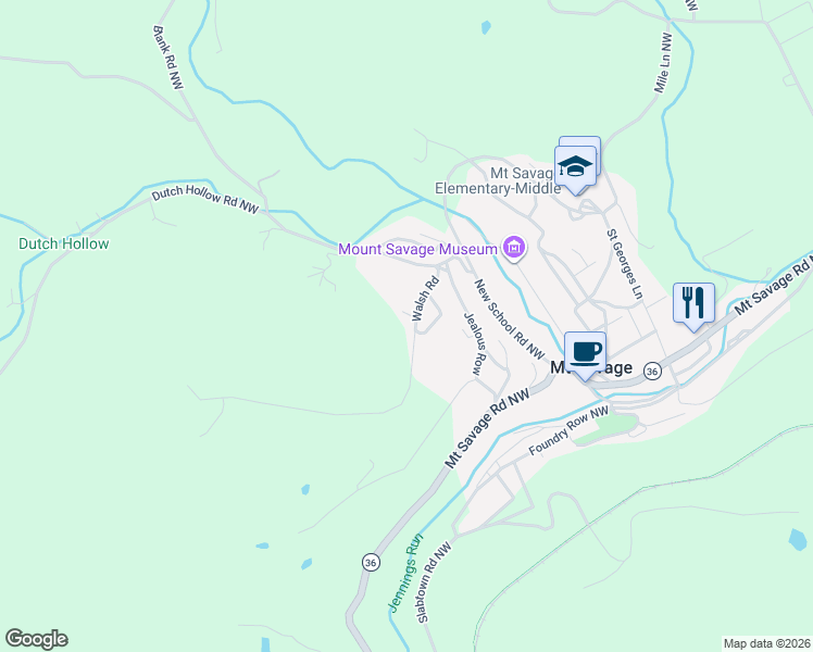 map of restaurants, bars, coffee shops, grocery stores, and more near 12816 Walsh Road Northwest in Mount Savage