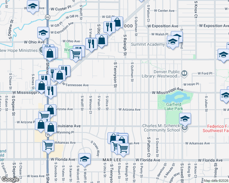 map of restaurants, bars, coffee shops, grocery stores, and more near 1060 South Tennyson Street in Denver