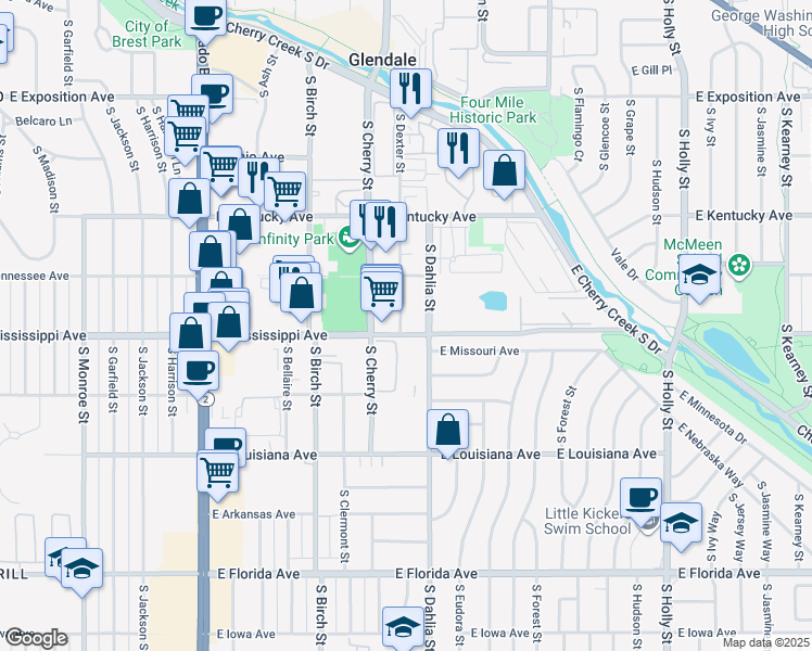 map of restaurants, bars, coffee shops, grocery stores, and more near 4701 East Mississippi Avenue in Glendale