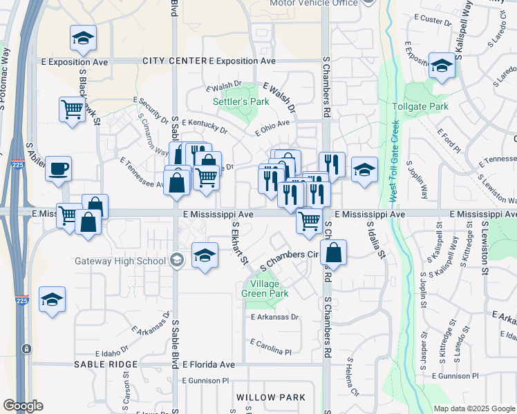 map of restaurants, bars, coffee shops, grocery stores, and more near 1079 South Fairplay Way in Aurora