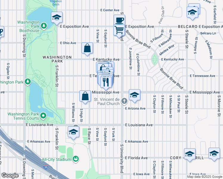map of restaurants, bars, coffee shops, grocery stores, and more near 1057 South York Street in Denver