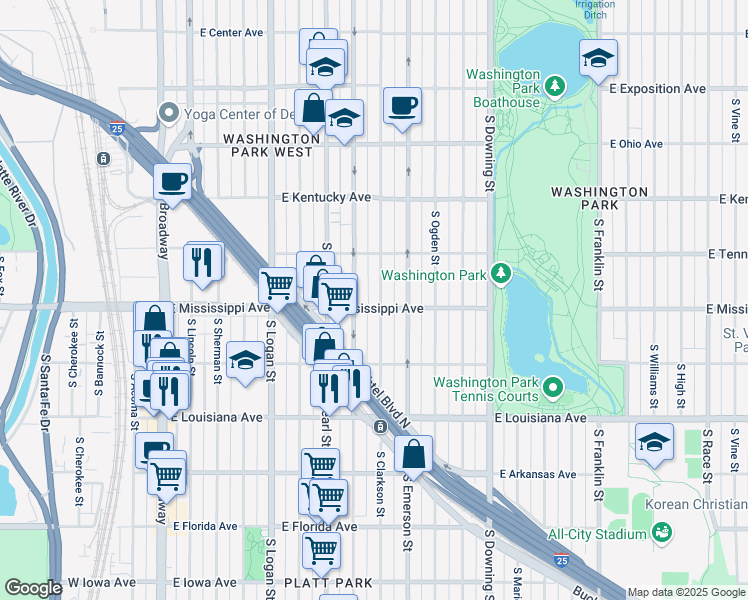 map of restaurants, bars, coffee shops, grocery stores, and more near 1042 South Washington Street in Denver