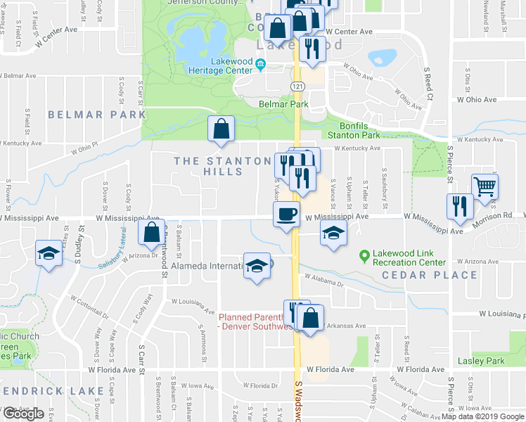 map of restaurants, bars, coffee shops, grocery stores, and more near 1054 South Yarrow Street in Denver