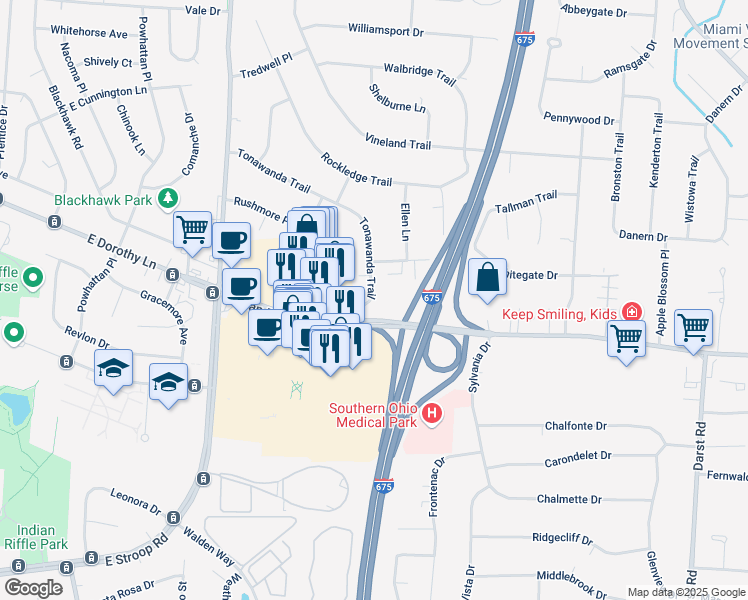 map of restaurants, bars, coffee shops, grocery stores, and more near 4381 Tonawanda Trail in Beavercreek