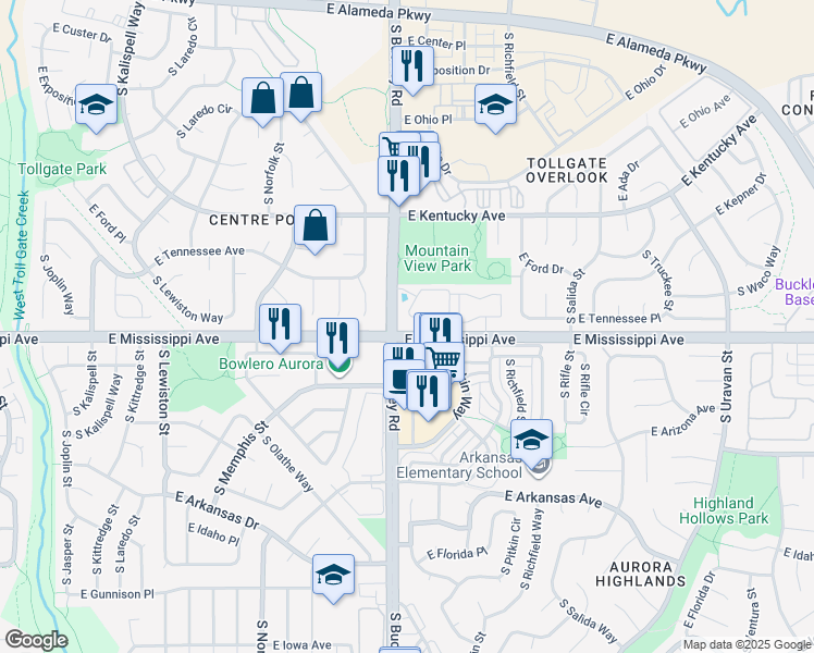 map of restaurants, bars, coffee shops, grocery stores, and more near 17003 East Tennessee Drive in Aurora