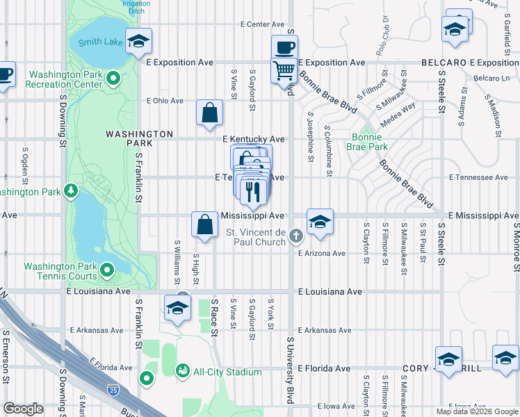 map of restaurants, bars, coffee shops, grocery stores, and more near 1057 South York Street in Denver