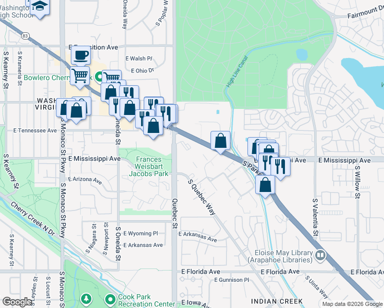 map of restaurants, bars, coffee shops, grocery stores, and more near in Arapahoe County