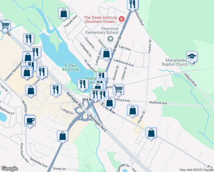 map of restaurants, bars, coffee shops, grocery stores, and more near 20 Beach Avenue in Stafford Township
