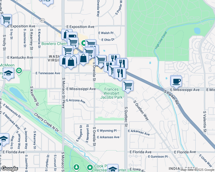 map of restaurants, bars, coffee shops, grocery stores, and more near 1096 South Oneida Street in Denver