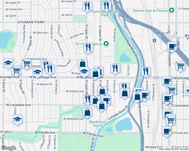 map of restaurants, bars, coffee shops, grocery stores, and more near 1001 West Mississippi Avenue in Denver