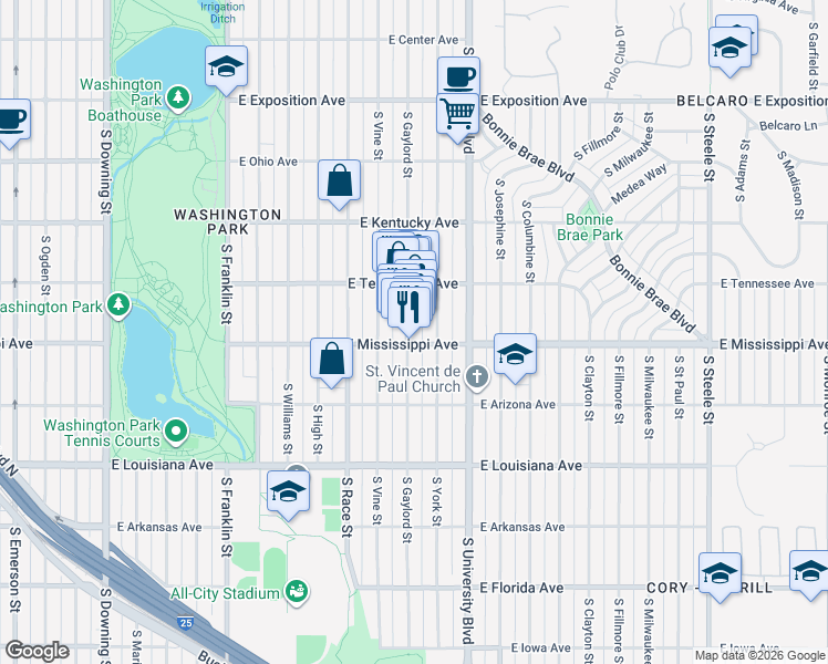 map of restaurants, bars, coffee shops, grocery stores, and more near 1057 South York Street in Denver