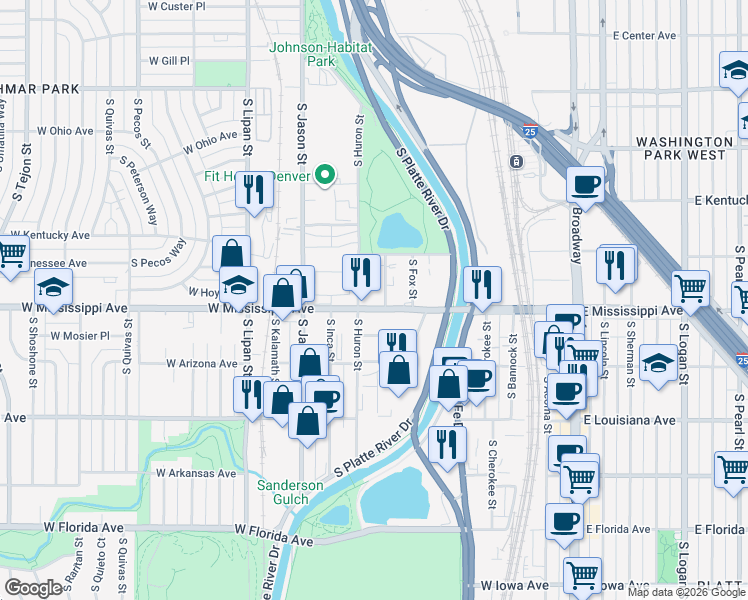 map of restaurants, bars, coffee shops, grocery stores, and more near 701 West Mississippi Avenue in Denver