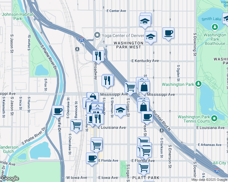 map of restaurants, bars, coffee shops, grocery stores, and more near 201 East Mississippi Avenue in Denver
