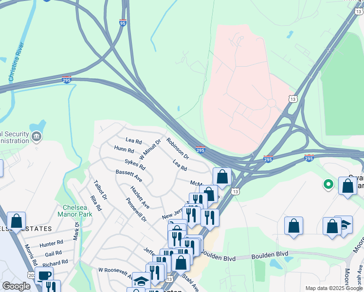 map of restaurants, bars, coffee shops, grocery stores, and more near 48 Robinson Drive in Wilmington Manor