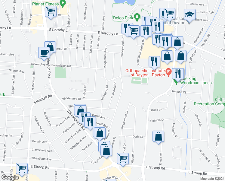 map of restaurants, bars, coffee shops, grocery stores, and more near 3413 Annabelle Drive in Dayton
