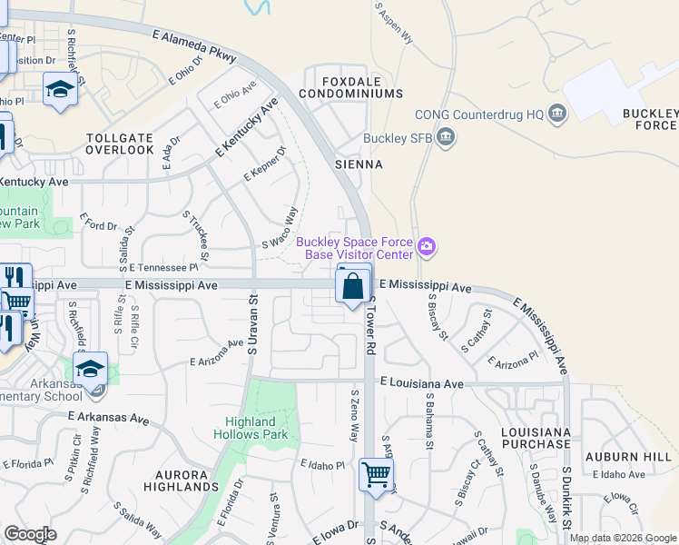 map of restaurants, bars, coffee shops, grocery stores, and more near 1082 South Zeno Way in Aurora