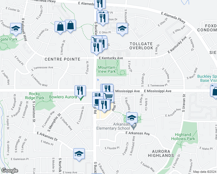 map of restaurants, bars, coffee shops, grocery stores, and more near 961 South Pitkin Court in Aurora