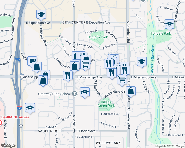 map of restaurants, bars, coffee shops, grocery stores, and more near 1076 South Elkhart Way in Aurora