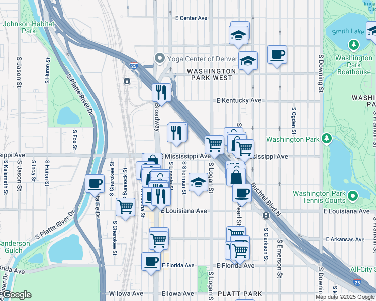 map of restaurants, bars, coffee shops, grocery stores, and more near 1050 South Broadway in Denver