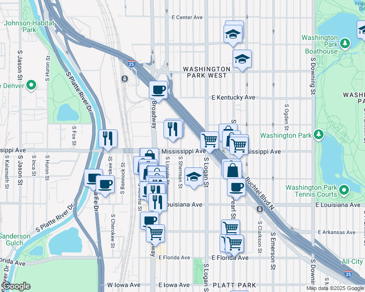 map of restaurants, bars, coffee shops, grocery stores, and more near 1050 South Broadway in Denver