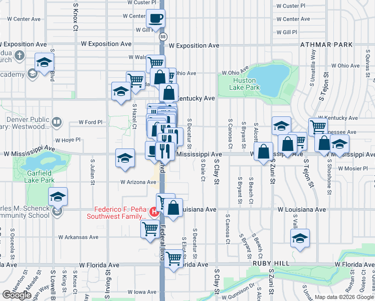 map of restaurants, bars, coffee shops, grocery stores, and more near 1060 South Decatur Street in Denver
