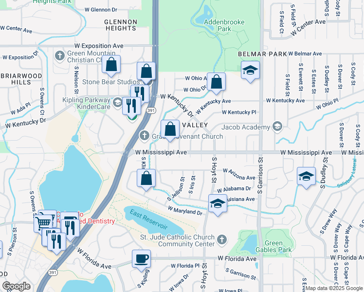 map of restaurants, bars, coffee shops, grocery stores, and more near 1065 South Jellison Street in Lakewood