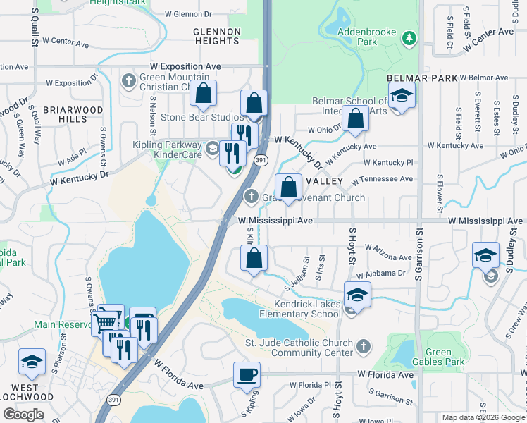 map of restaurants, bars, coffee shops, grocery stores, and more near 1038 South Johnson Way in Lakewood