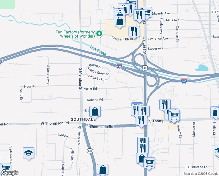 map of restaurants, bars, coffee shops, grocery stores, and more near 4644 White Lick Court in Indianapolis