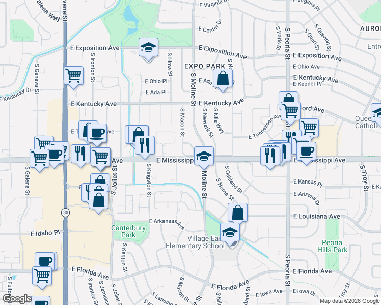 map of restaurants, bars, coffee shops, grocery stores, and more near 1093 South Macon Way in Aurora