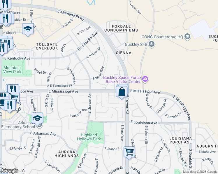 map of restaurants, bars, coffee shops, grocery stores, and more near 1059 South Walden Way in Aurora