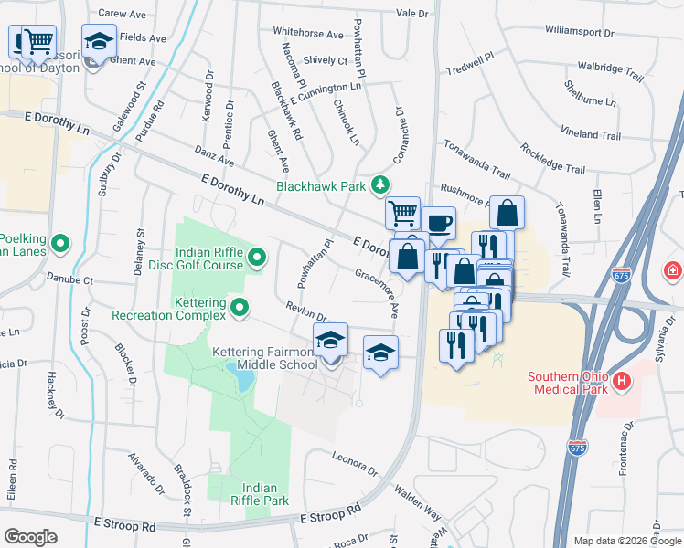 map of restaurants, bars, coffee shops, grocery stores, and more near 3025 Gracemore Avenue in Dayton