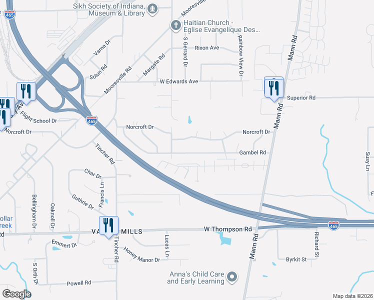 map of restaurants, bars, coffee shops, grocery stores, and more near 5103 Norcroft Drive in Indianapolis