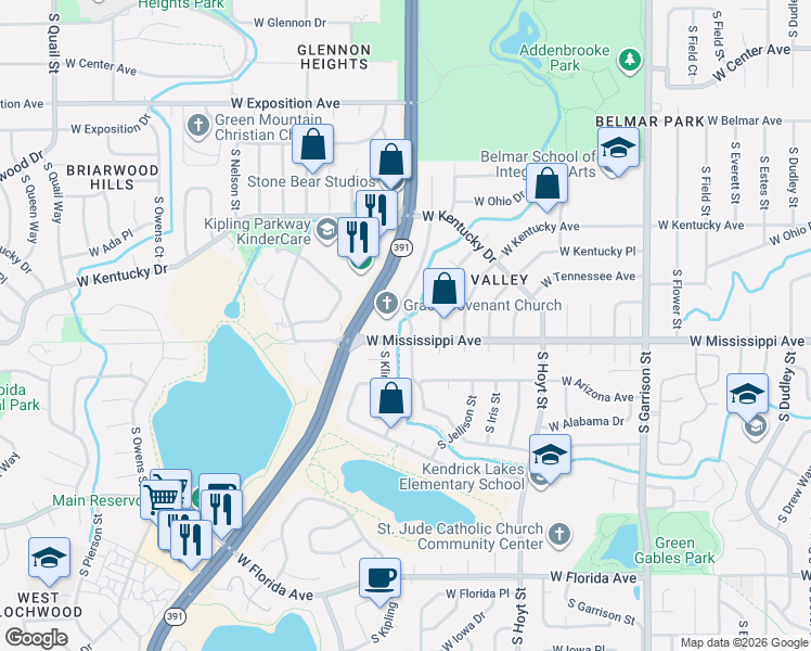 map of restaurants, bars, coffee shops, grocery stores, and more near 1038 South Johnson Way in Lakewood