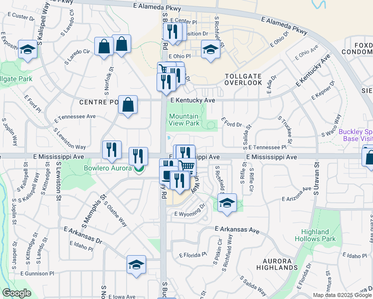 map of restaurants, bars, coffee shops, grocery stores, and more near 17094 East Tennessee Drive in Aurora